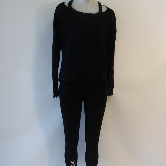 Womens n:Philanthropy Black 2 Pc Jogger Set Sweatshirt Top Lace-Up Sweatpants XS - Picture 1 of 16